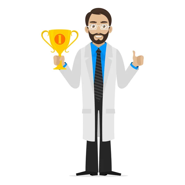 Scientist holds cup first place — Stock Vector