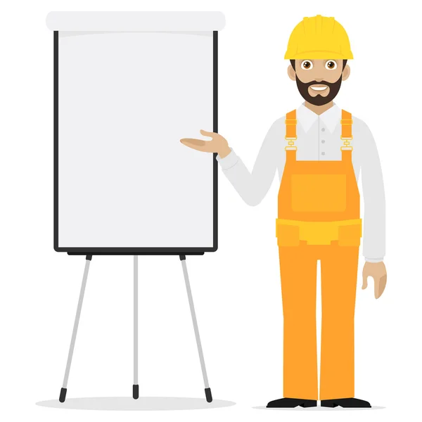 Builder points to flipchart — Stock Vector