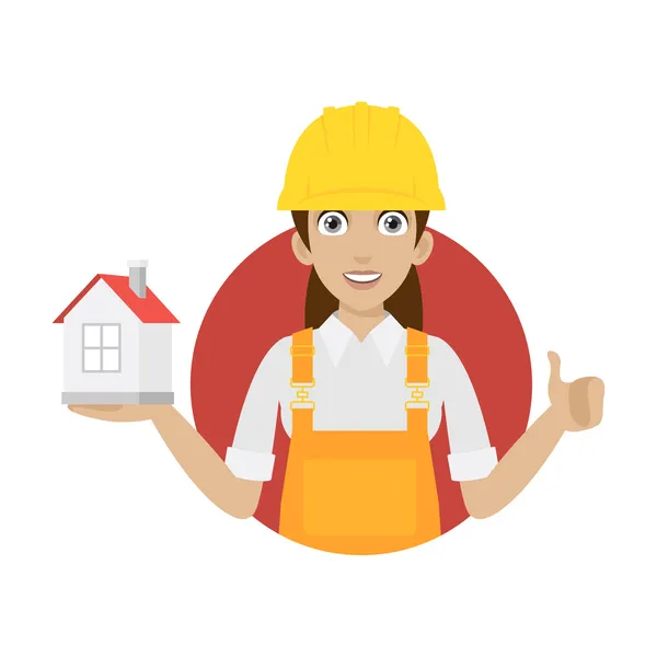 Construtor mulher mantém casa em círculo — Vetor de Stock
