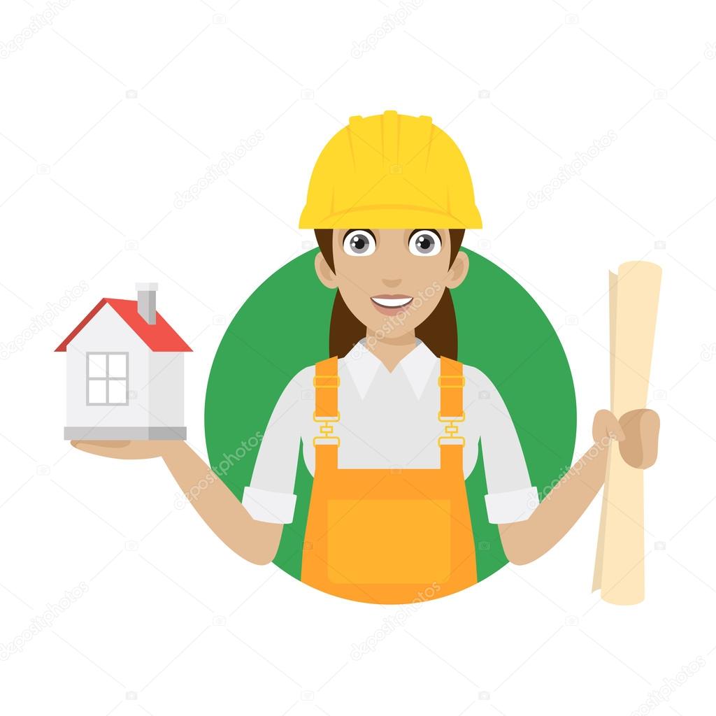Builder woman keeps house and plan