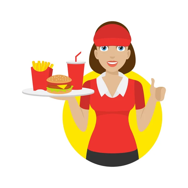 Chica sostiene bandeja con comida rápida — Vector de stock