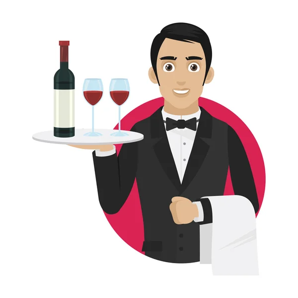 Kellner hält Tablett mit Wein und Gläsern — Stockvektor