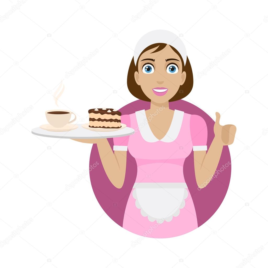 Girl holds tray with coffee and cake