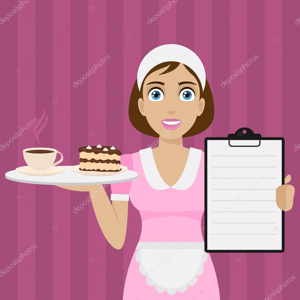 Girl holds tray with dessert and menu