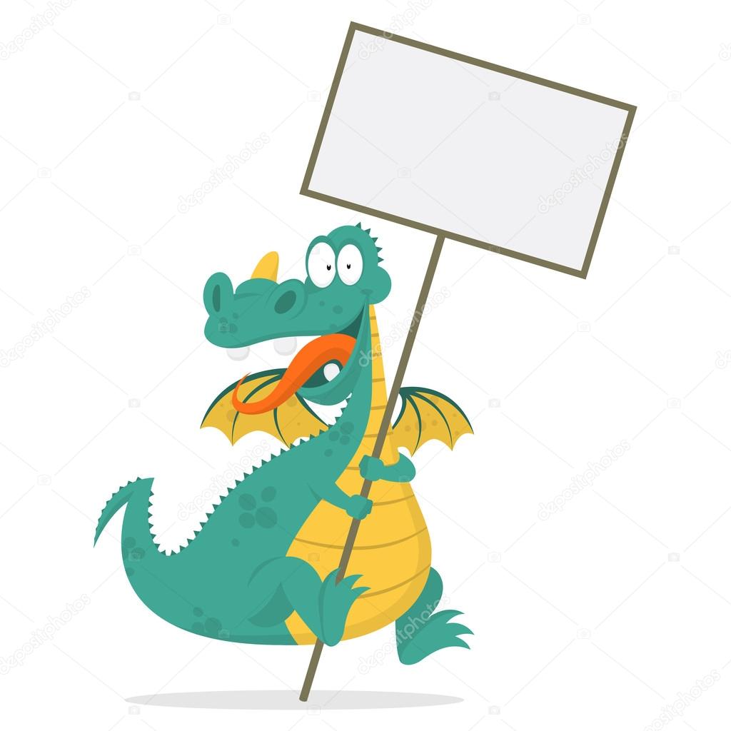 Cheerful dragon holds in hands blank board