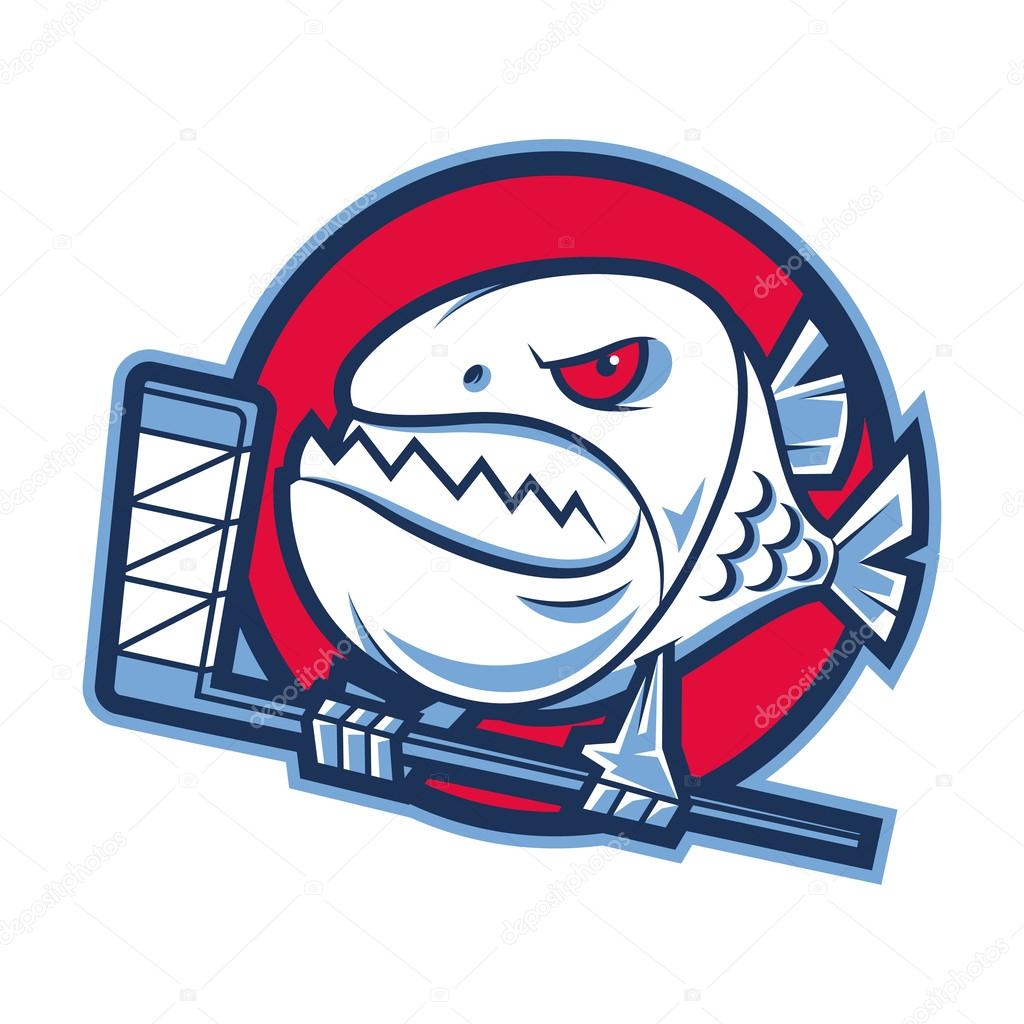 Emblem aggressive piranha holds hockey stick