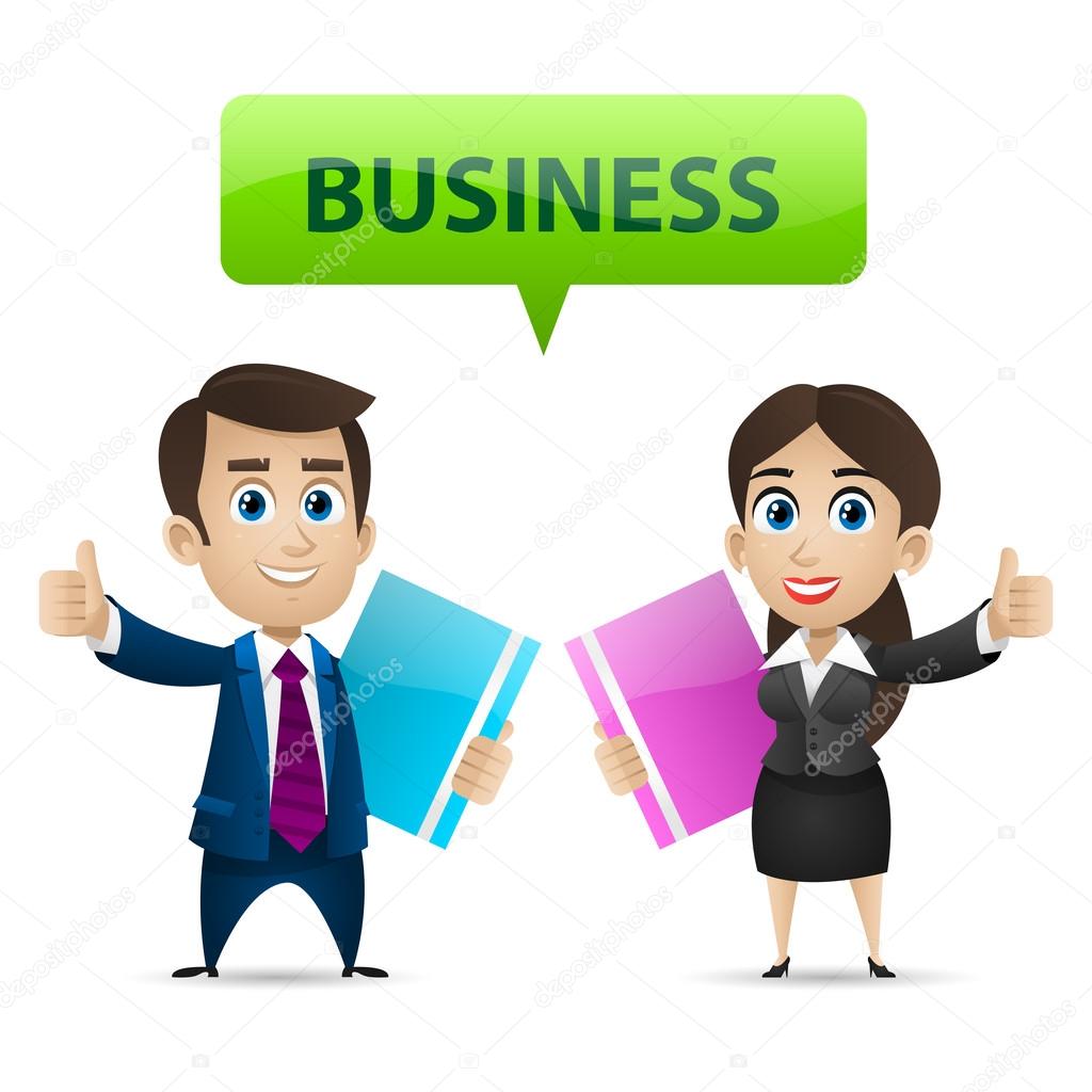 Businessman and business woman showing thumbs up