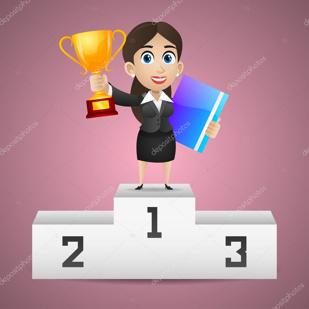 Businesswoman stands on pedestal holds cup