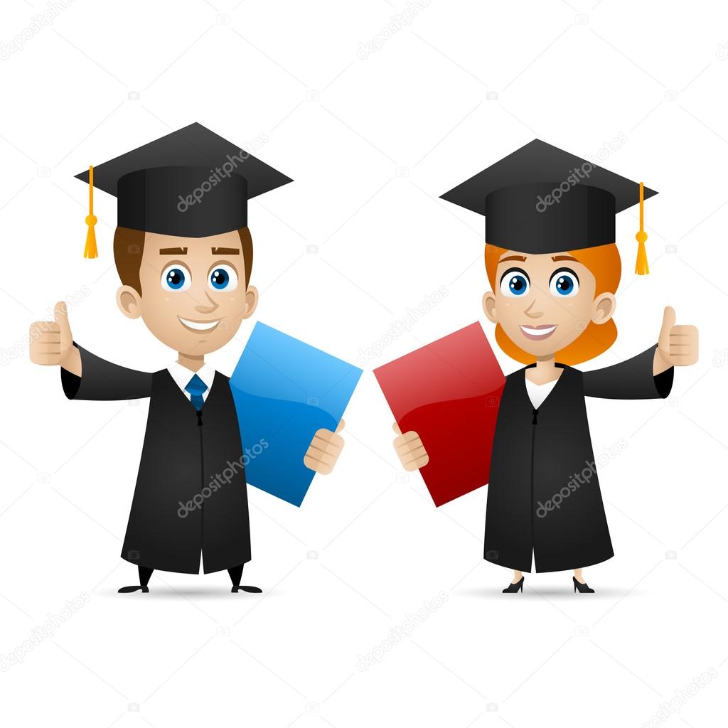 Guy girl university graduates shows thumbs up