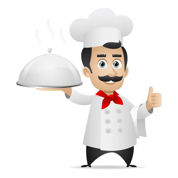 Chef sosteniendo bandeja y muestra los pulgares hacia arriba — Vector de stock