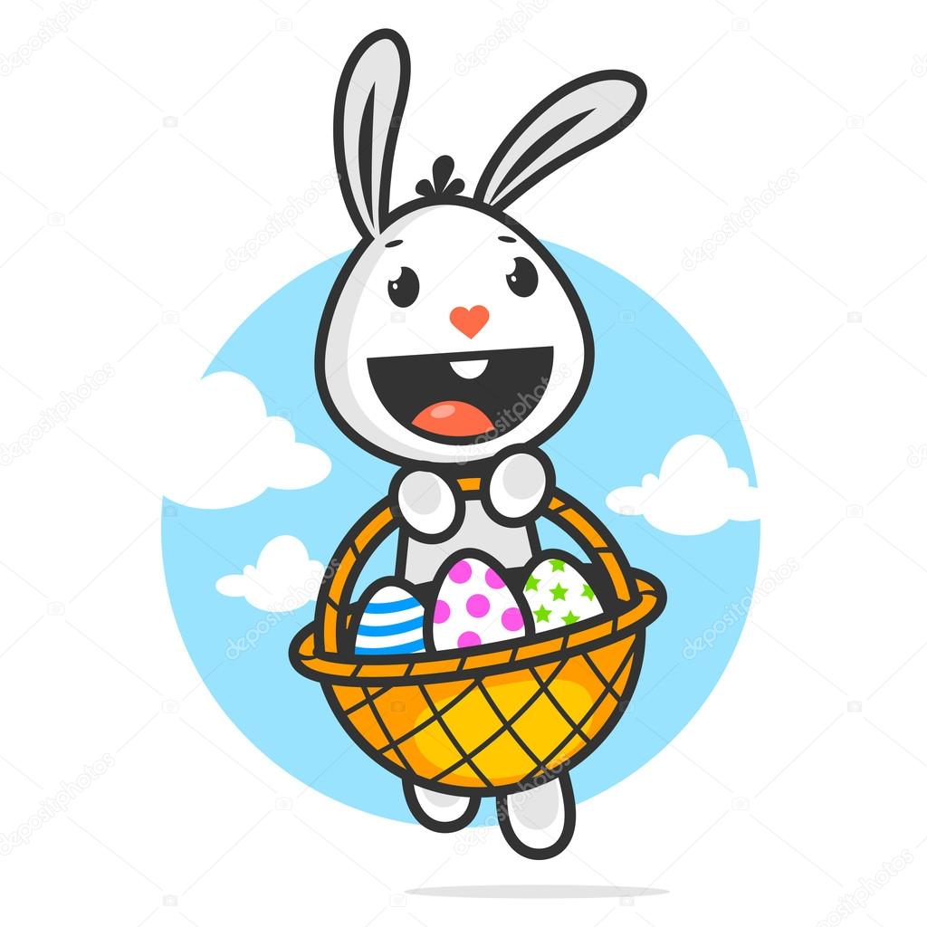 Happy easter bunny holds basket with eggs