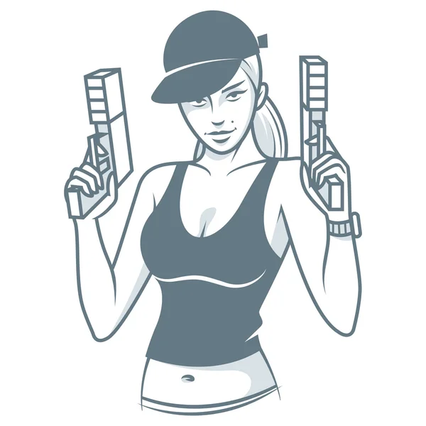 Monochrome girl in cap holds pistols — Stock Vector