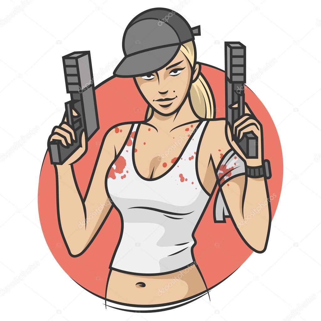 Girl in cap holds pistols and smiling