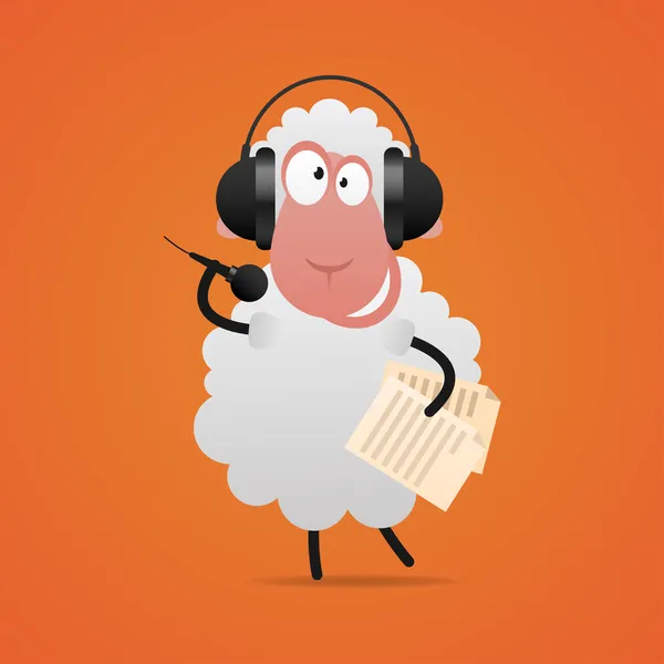 Cheerful sheep in headphones singing in microphone — Stock Vector