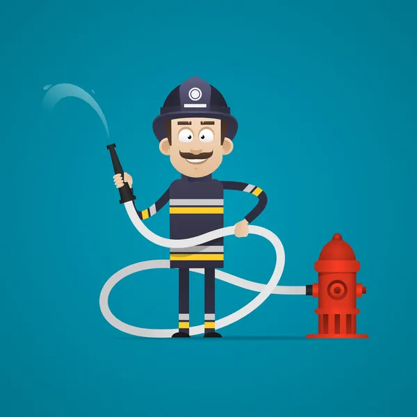 Pompiere tiene manichetta antincendio e sorridente — Vettoriale Stock