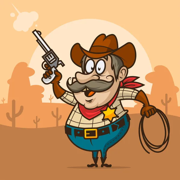 Cowboy sheriff shoots from pistol and smiling — Stock Vector