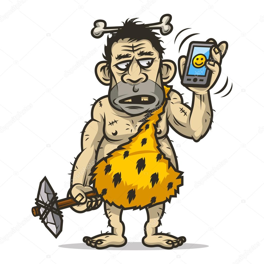 Neanderthal man holds mobile phone