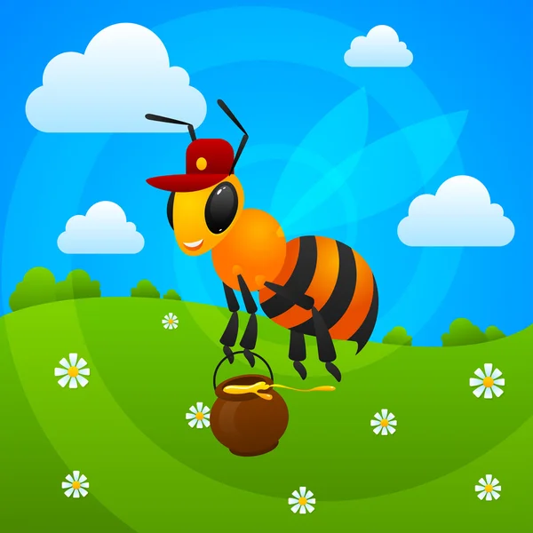 Zomer bee bezit pot met honing — Stockvector