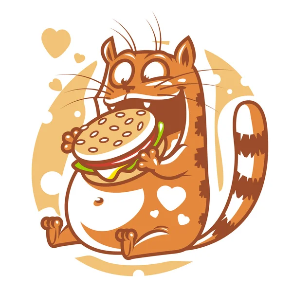 Cat eating big hamburger — Stock Vector