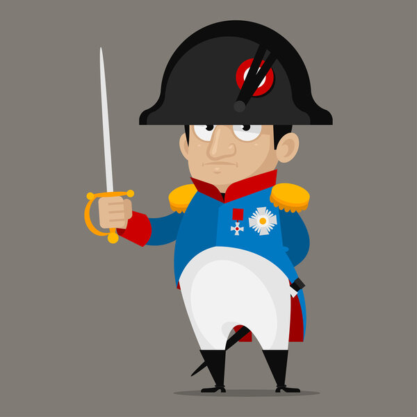 Персонаж мультфильма Наполеон Бонапарт держит меч
