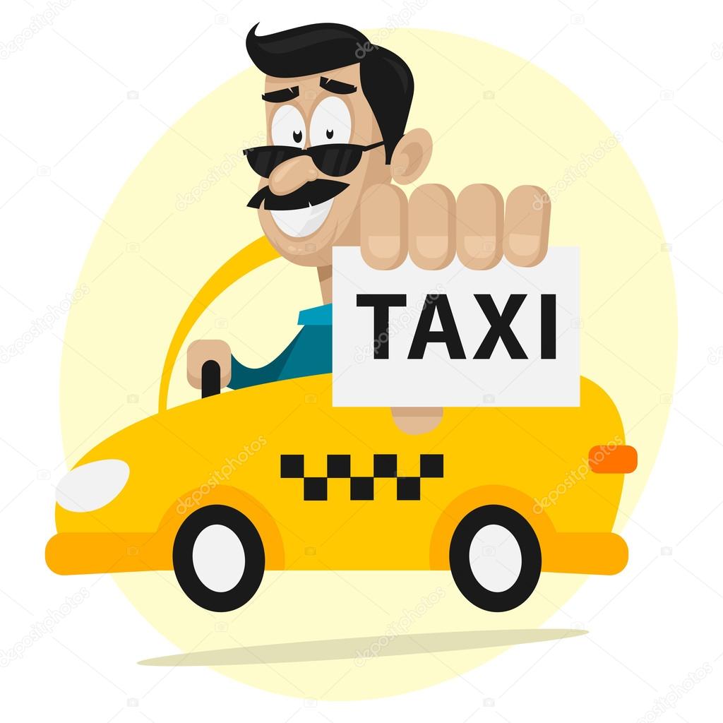 Taxi driver moves by car and smiling