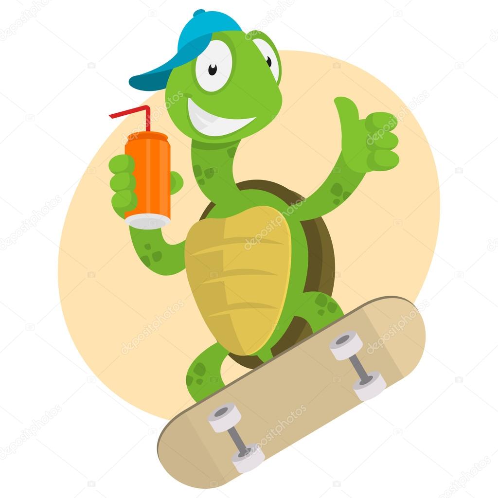 Turtle drinks juice and ride on skateboard