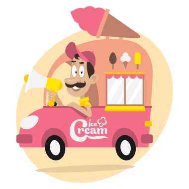 Ice cream truck and driver with loudspeaker clipart