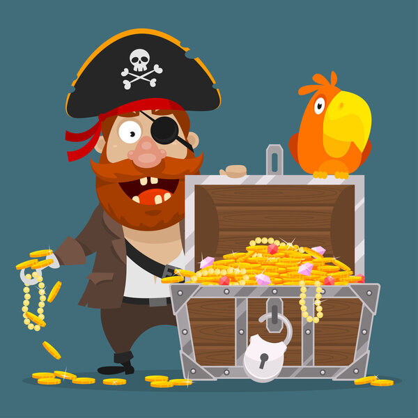 Character pirate chest of gold and parrot