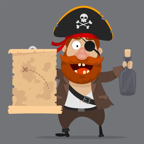 Character pirate holds card and bottle — Stock Vector