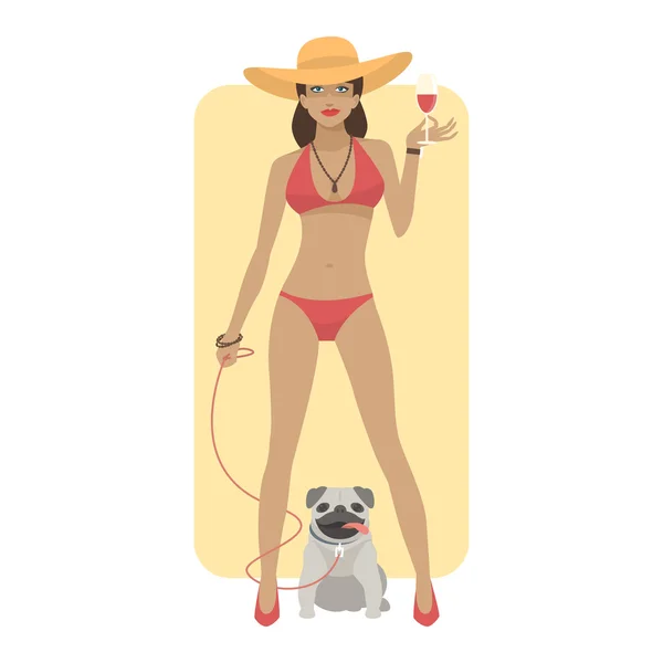 Femme en maillot de bain avec chien carlin — Image vectorielle