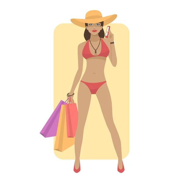 Woman in swimsuit holds phone and bags — Stock Vector