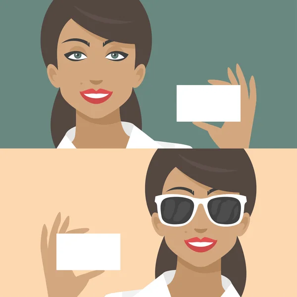 Woman smiling and holds business card — Stock Vector