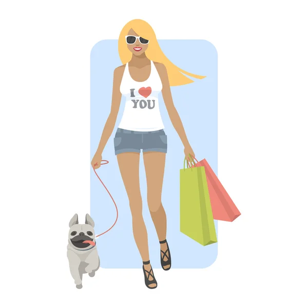 Ung kvinna vandring med hund mops — Stock vektor