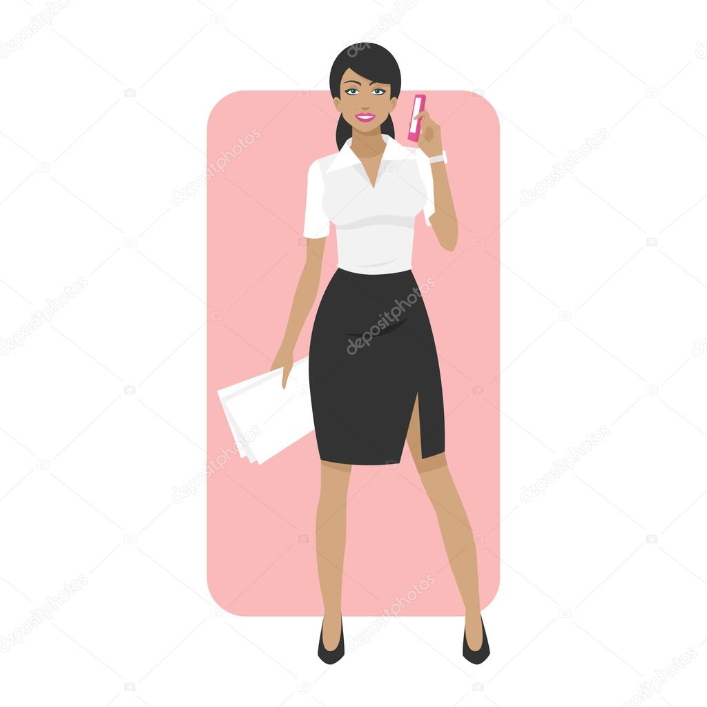 Business woman smiling and holds phone