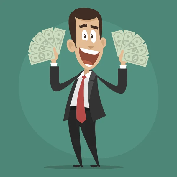 Character businessman happy holds dollar bills — Stock Vector
