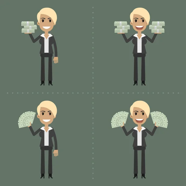 Mujer de negocios y dinero en diferentes poses — Vector de stock