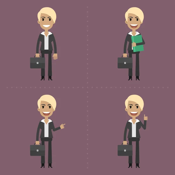 Mujer de negocios con maletín en diferentes poses — Vector de stock