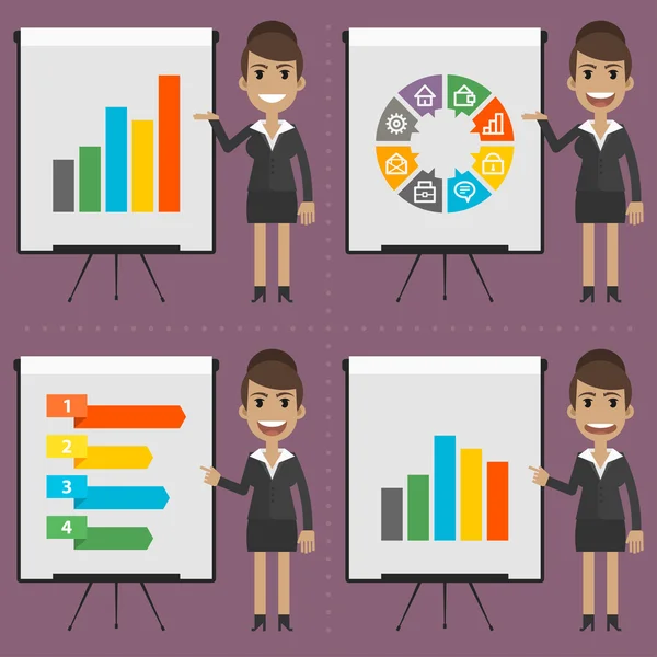 Infografías hombre de negocios indica en el rotafolio — Vector de stock