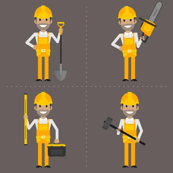 Работник с лопатой молоток бензопилы и уровня — стоковый вектор