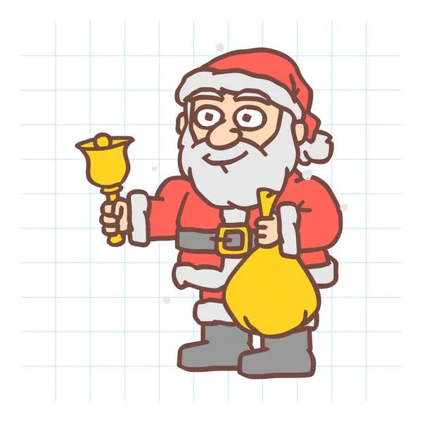 Santa Claus Sostiene Campana Bolsa Regalo Nieva Personaje Dibujado Mano — Vector de stock