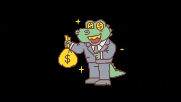 Alligator Holding Money Bag Smiles Frame Frame Animation Alpha Channel — Stock Video