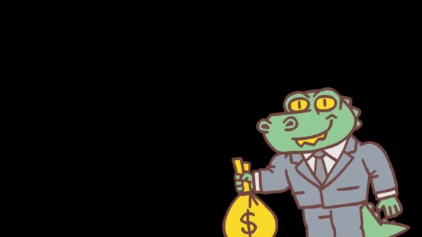 Cocodrilo Aparece Pantalla Sosteniendo Bolsa Dinero Sonrisas Animación Cuadro Por — Vídeo de stock