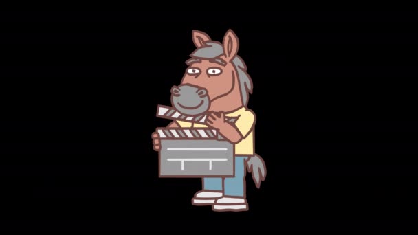 Horse Χαρακτήρα Κρατώντας Clapperboard Και Χαμογελώντας Πλαίσιο Πλαίσιο Animation Κανάλι — Αρχείο Βίντεο