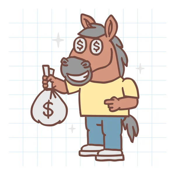 马的角色手握一袋钱 面带微笑 手绘人物 病媒图解 — 图库矢量图片