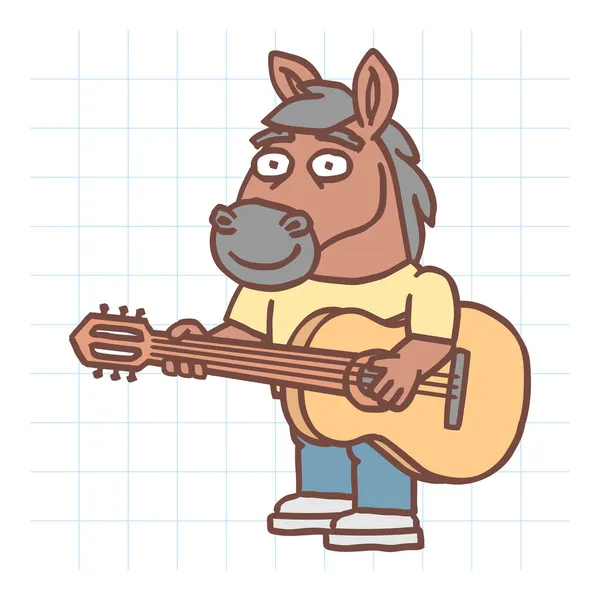 Kůň Drží Kytaru Usmívá Ručně Kreslený Charakter Vektorová Ilustrace — Stockový vektor
