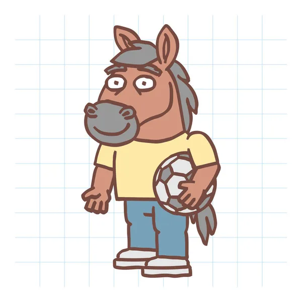Koňská Postava Drží Fotbalový Míč Usmívá Ručně Kreslený Charakter Vektorová — Stockový vektor