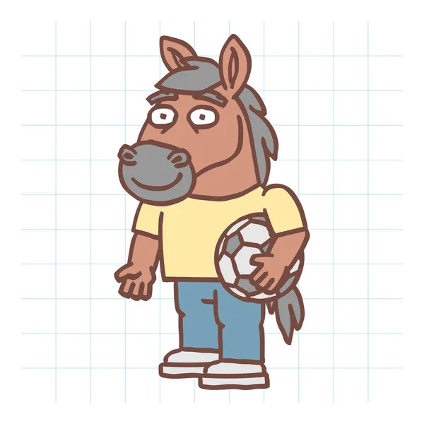 Personaje Caballo Sosteniendo Pelota Fútbol Sonriendo Personaje Dibujado Mano Ilustración — Vector de stock