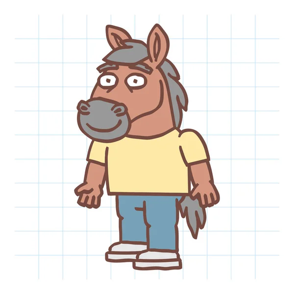 Kůň Stojí Usmívá Ručně Kreslený Charakter Vektorová Ilustrace — Stockový vektor