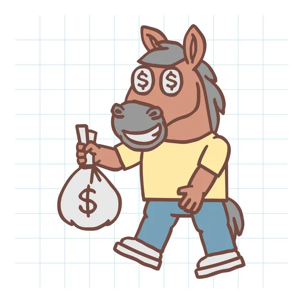 Kuda Karakter Berjalan Dan Memegang Tas Uang Karakter Digambar Dengan - Stok Vektor