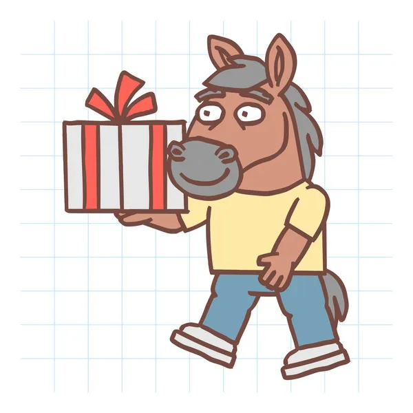 Horse Character Walks Holds Gift Box Hand Drawn Character Vector — Stock Vector